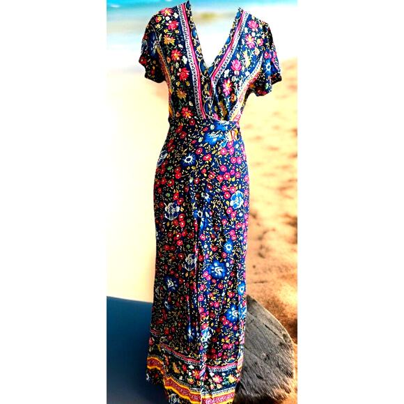 Y2K boho Maxi wrap Dress Floral indie festival Prairie Fairy Cottagecore s - Picture 2 of 16